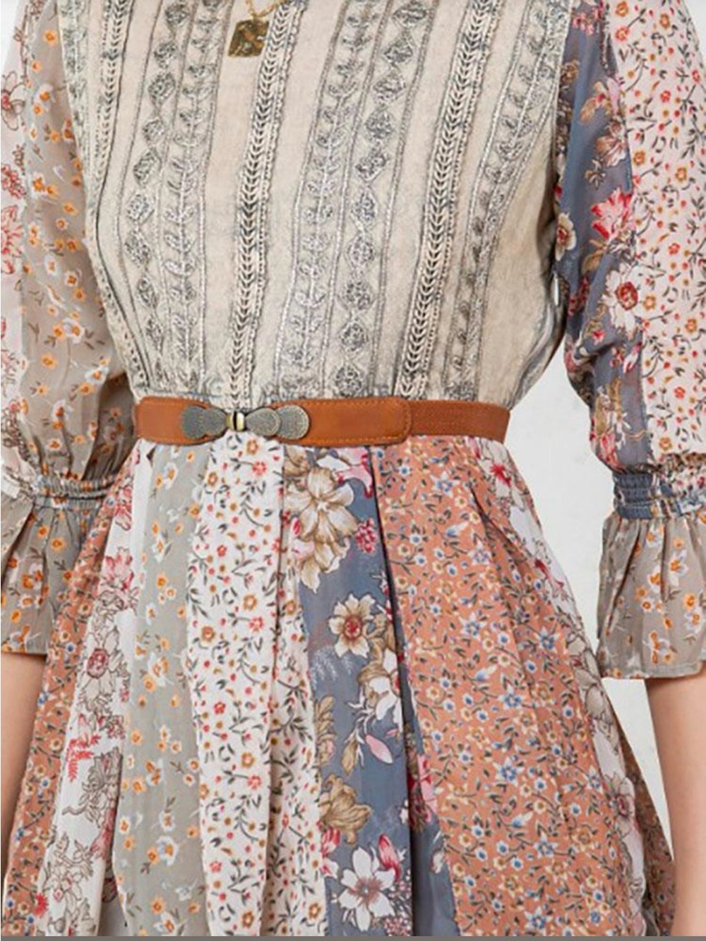 K178 Mixed Floral Patchwork Midi Dress Sz S Denim Embroidered Bodice Pockets NWT